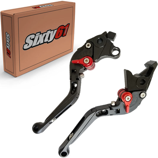 Black Kawasaki ZX6 brake and clutch levers from Bill's Exhausts, adjustable, sliding, folding, compatible with 2017-2023 models.