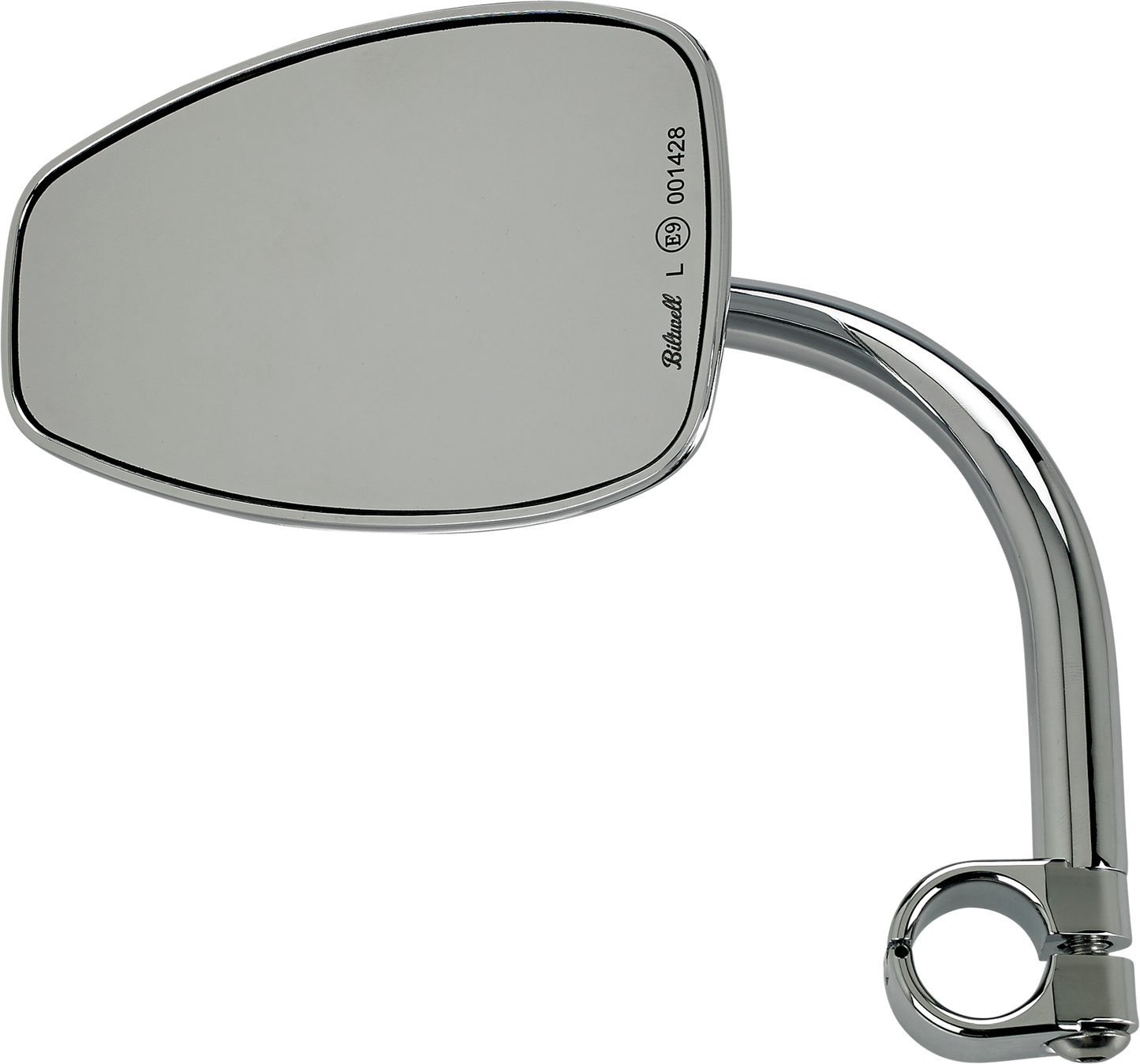 Chrome tear drop clamp-on utility mirror by BILTWELL, mounted on a motorcycle handlebar, with a round reflective surface.