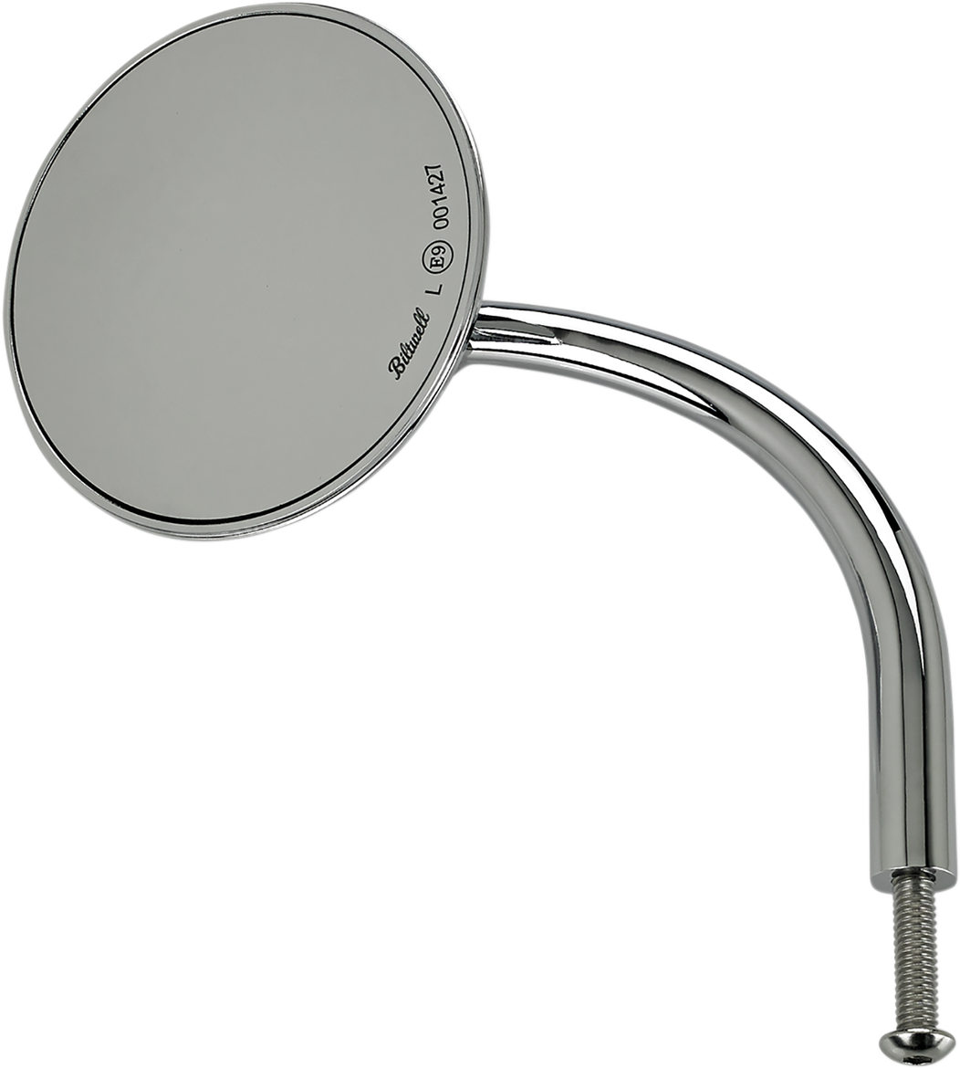 Round chrome BILTWELL mirror by Bill's Exhausts, showing reflective surface and mounting arm for motorcycle or vehicle use.
