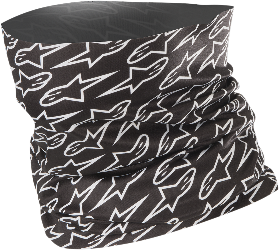 Black Alpinestars Neck Tube, a versatile tube scarf for motorcycle riders, shown with detailed fabric texture and branding.