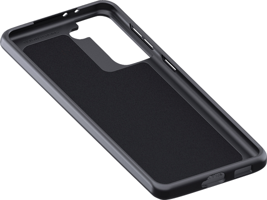 Samsung S21+ phone case by Bill's Exhausts, black SP CONNECT protective cover showing textured surface and camera cutout.