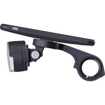 Black SP CONNECT handlebar phone mount for bikes, compatible with various smartphones, securely attaches to motorcycle handlebars.