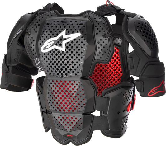 Alpinestars A-10 Roost Guard V2 protective gear in black and red, size XS/S, designed for motorcycle safety and impact protection.