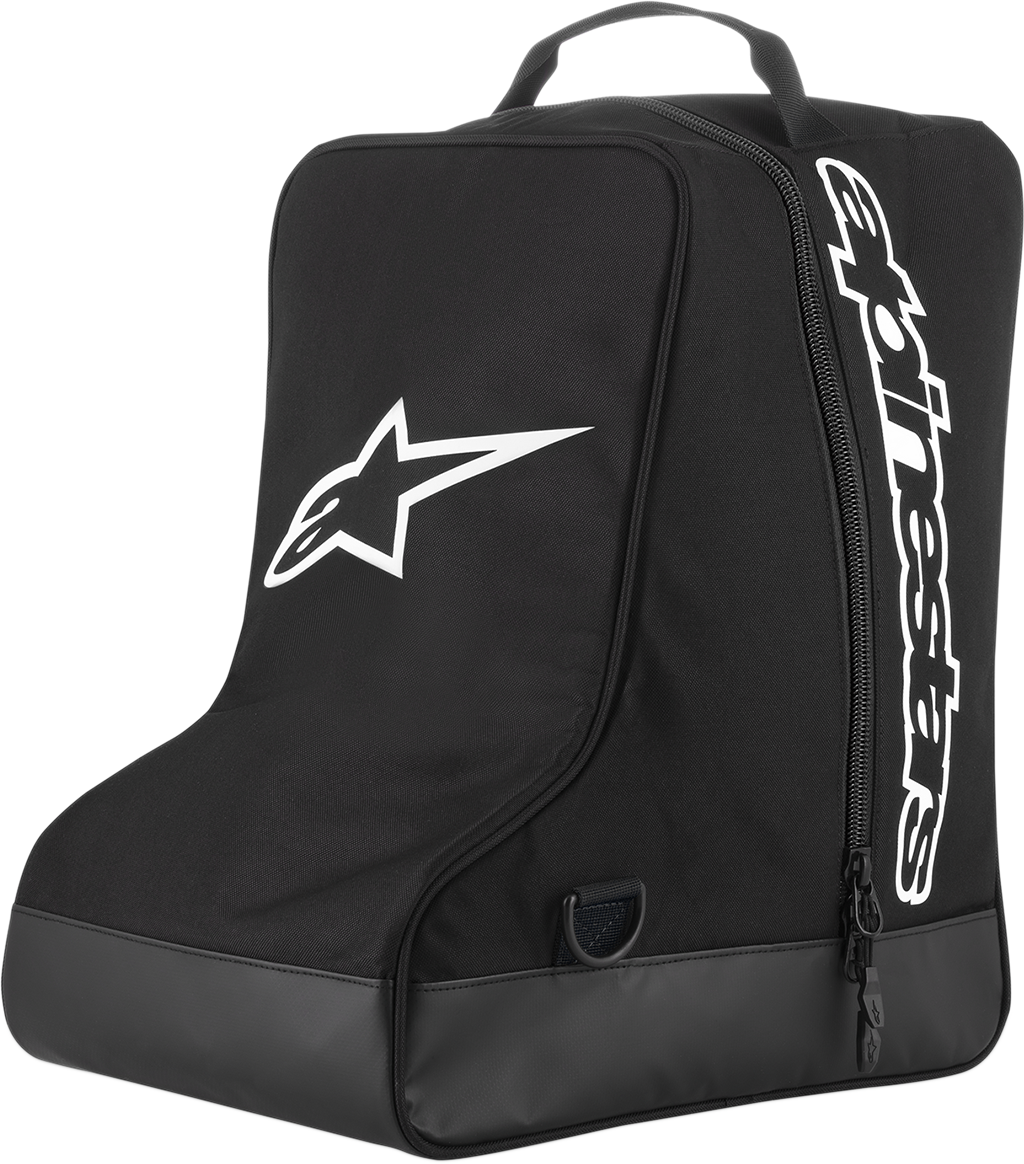 Alpinestars black and white boot bag for motorcycle gear, featuring protective design and carrying straps.