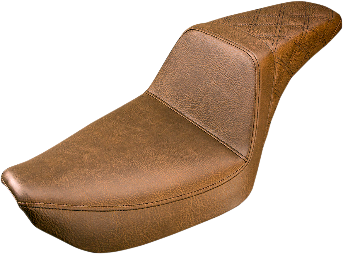 Brown SADDLEMEN Step Up Seat with rear lattice stitching for Dyna models, designed for comfort and style.