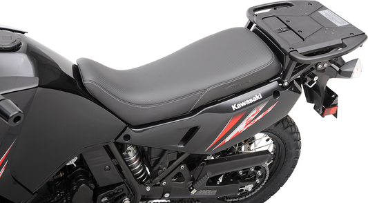Black Saddlemens Adventure Tour Seat for KLR 650, low-profile, stitched, one-piece motorcycle seat designed for comfortable touring.