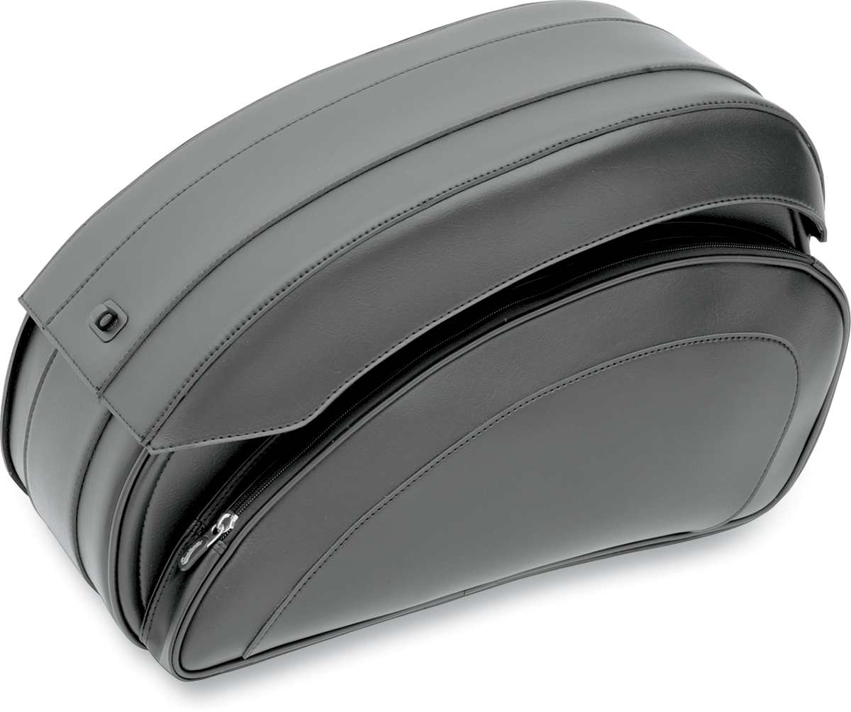 Black SADDLEMEN Deluxe Throwover Saddlebag on motorcycle seat, designed for secure storage and easy access.