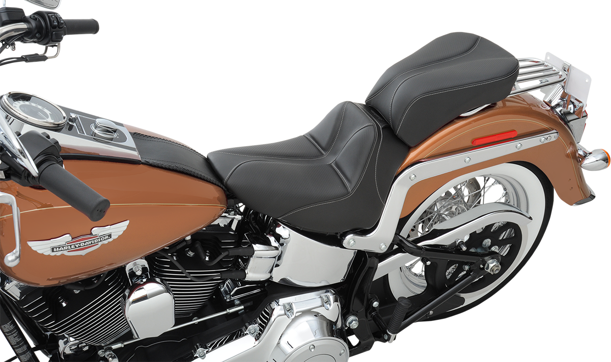 Black SADDLEMEN Dominator Pillion Pad with gray stitching, standard reach seat for motorcycle passenger comfort, by Bill's Exhausts.