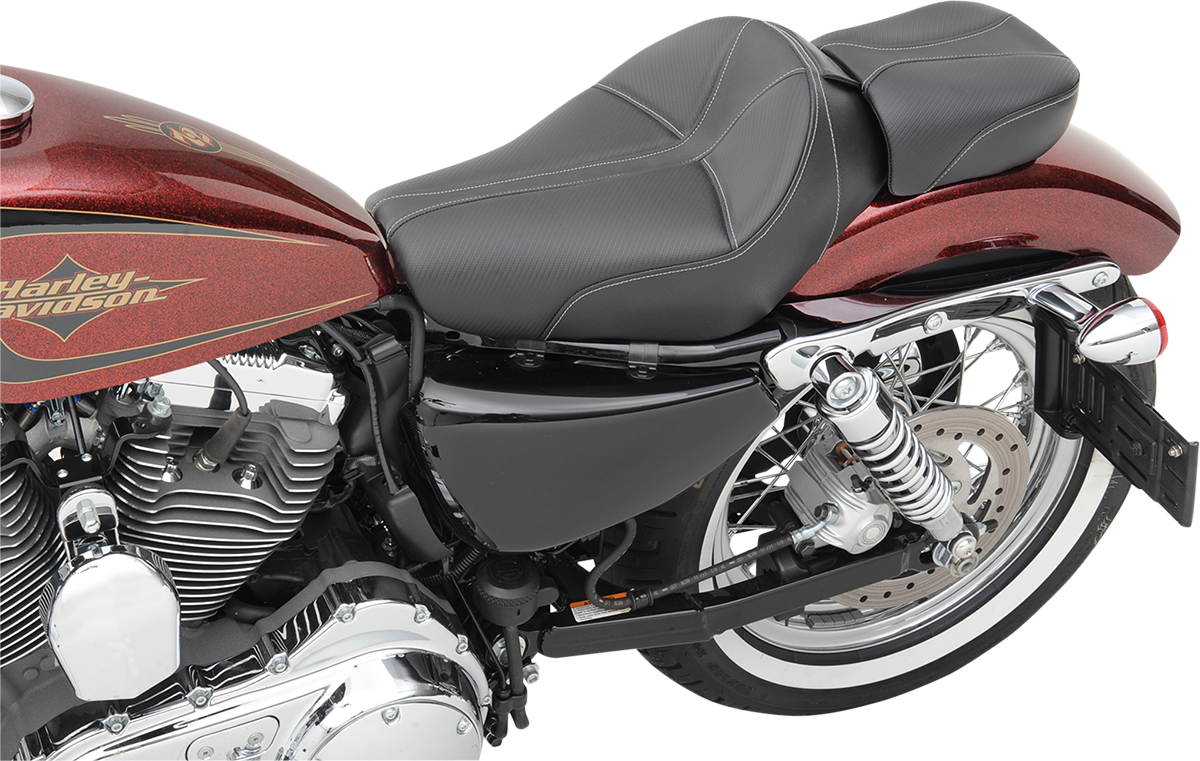 Black SADDLEMEN Dominator Pillion Pad with gray stitching, standard reach seat for motorcycles, designed for rider comfort.