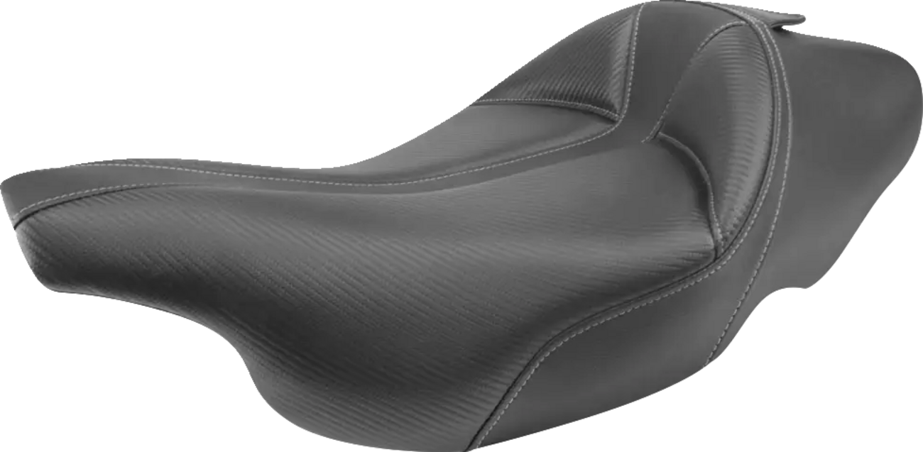 Black SADDLEMEN Dominator Solo Seat with gray stitching for FLHT/FLTR bikes, extended reach, stitched design, compatible with 1997-2007 models