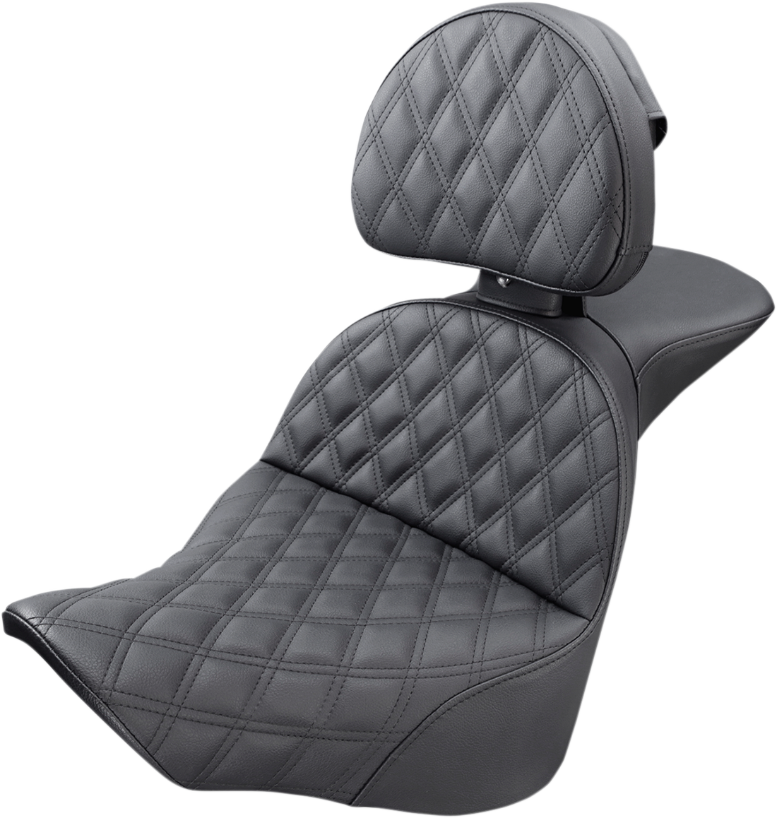 Bill's Exhausts Saddlemen Explorer seat with lattice stitching and backrest, designed for comfortable motorcycle riding.