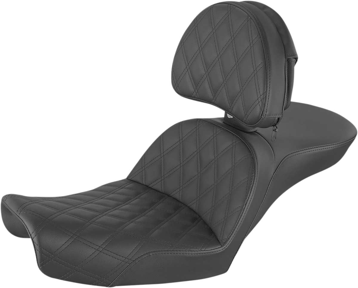 Bill's Exhausts Saddlemen Explorer Seat with lattice stitching and backrest, designed for comfortable motorcycle riding.