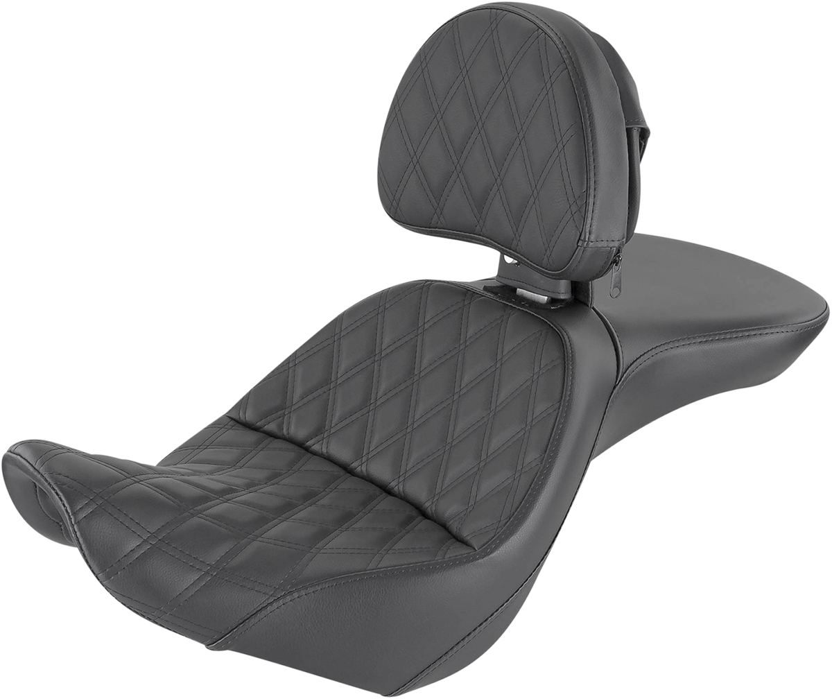 Black SADDLEMEN Explorer motorcycle seat with backrest and lattice stitching for FXST models, designed for comfort and style.