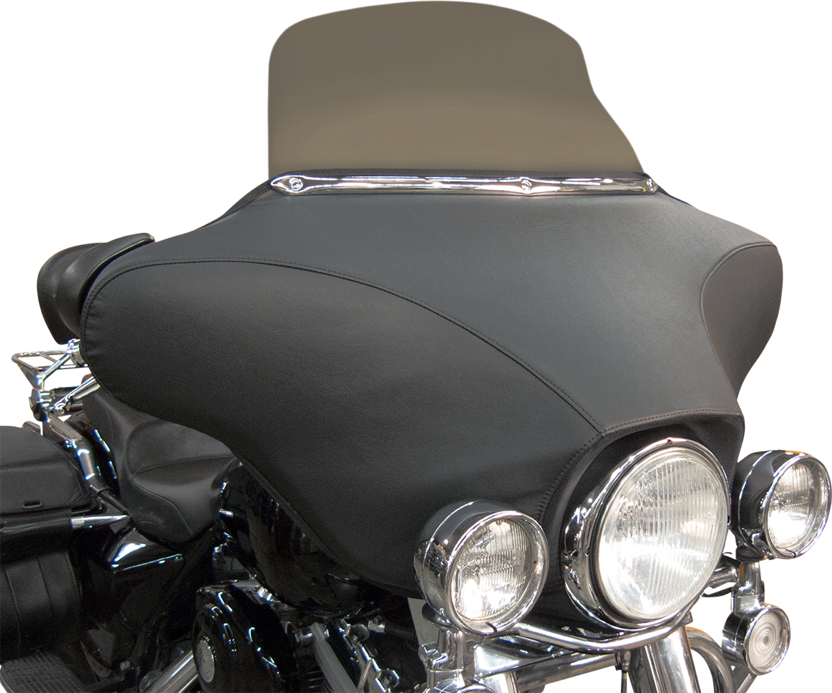 Black Saddlemens Fairing Bra seat cover for motorcycle, designed to protect and enhance the seat appearance.