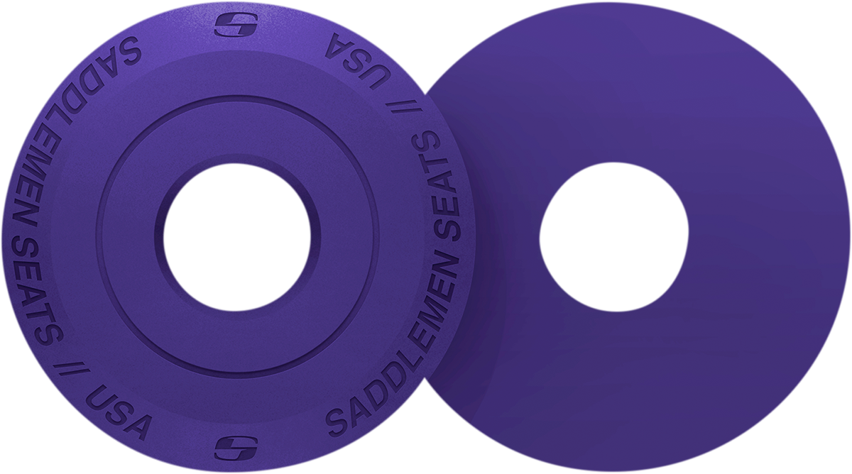 Purple Saddlemen Fender Seat Washer for motorcycle seats by Bill's Exhausts, shown on a bike seat.