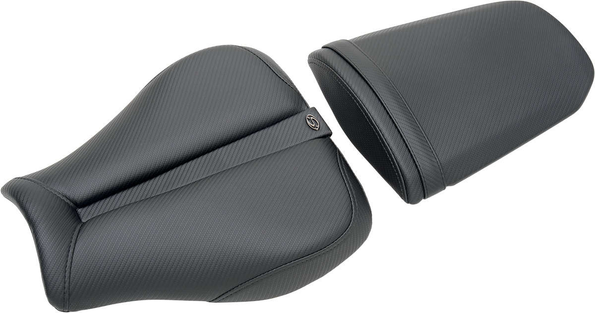 Black SADDLEMEN Gel Channel Track Carbon Fiber Sport Seat for GSXR 1000 motorcycle, designed for enhanced comfort and sporty performance.