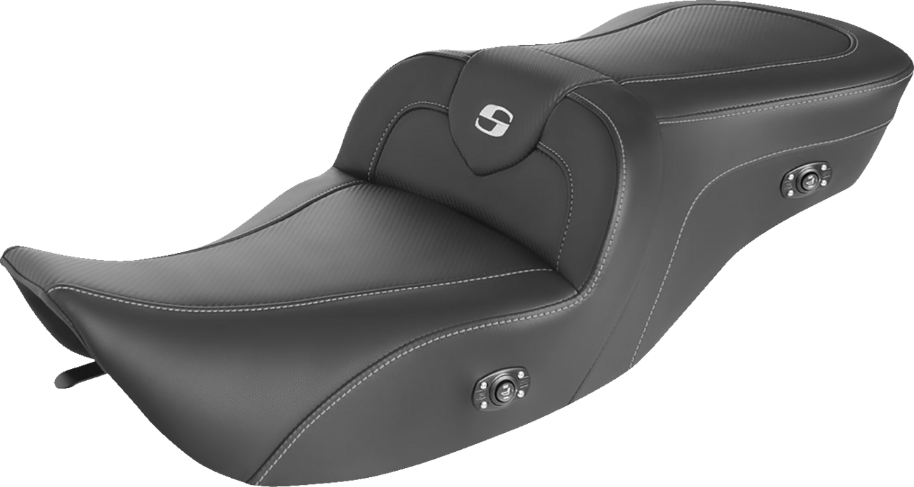 Bill's Exhausts SADDLEMEN Heated Roadsofa Seat in carbon fiber, showcasing the sleek, contoured motorcycle seat with heating feature.