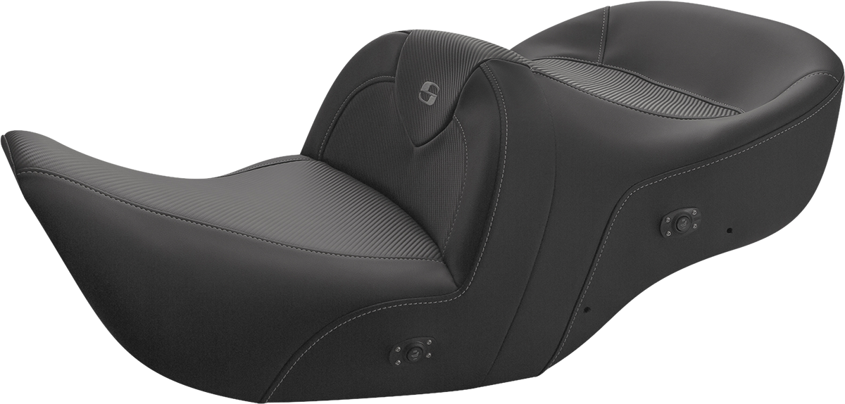 Black SADDLEMEN Heated Roadsofa Seat with carbon fiber finish, without backrest, designed for motorcycle comfort and style.