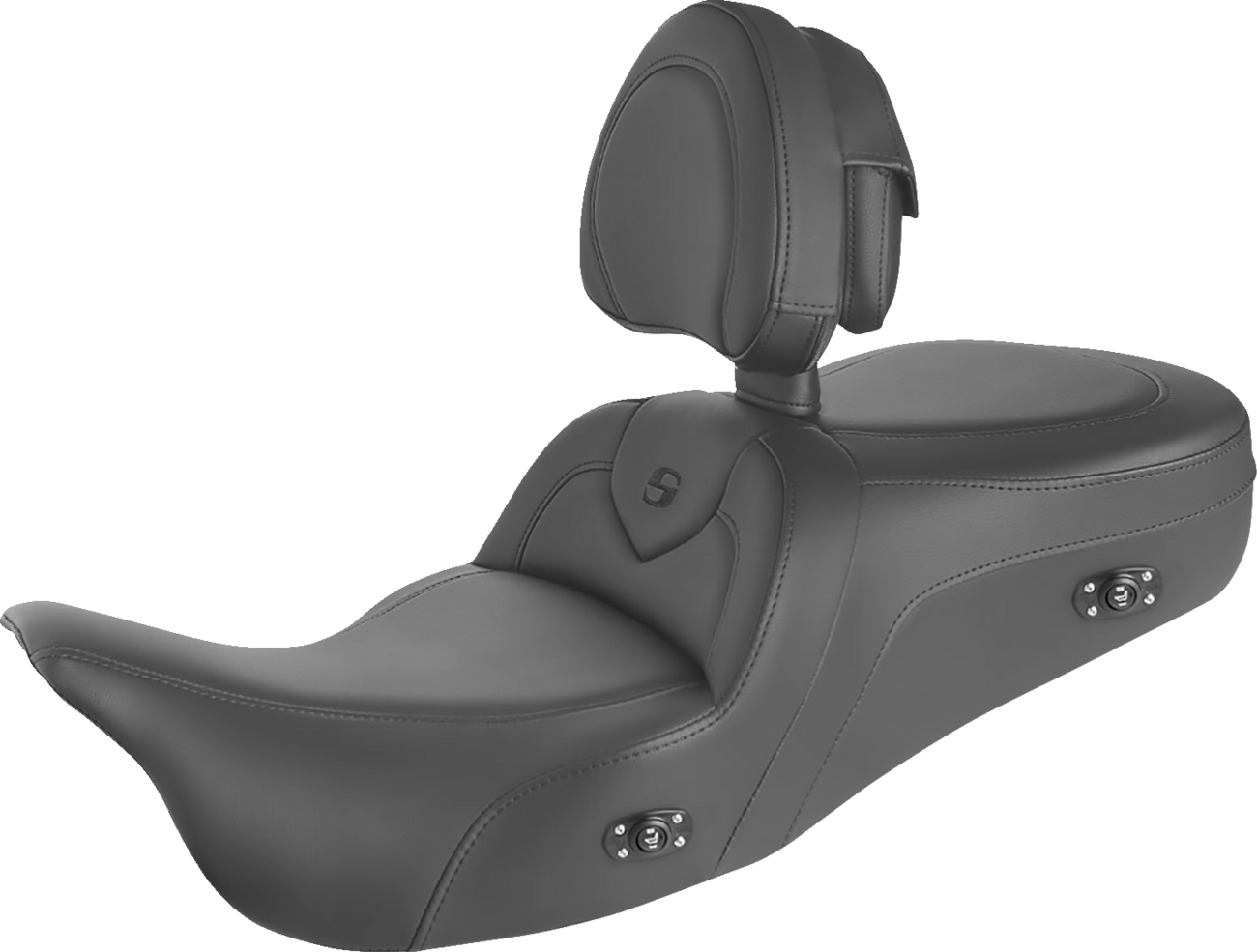 Bill's Exhausts heated RoadSofa seat with backrest in black with black stitching for trikes, featuring a cushioned riding surface.