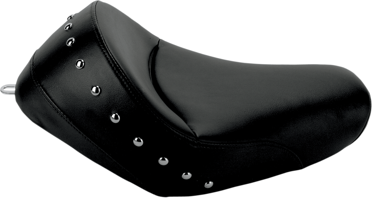 Black SaddLEMEN Heels Down Solo Seat without backrest, studded design for motorcycle, XL size, by Bill's Exhausts.