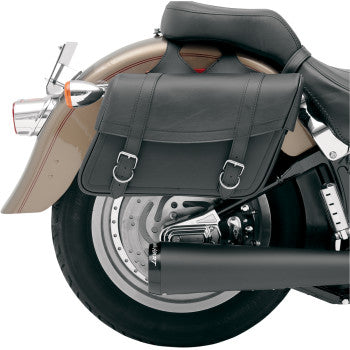 Bill's Exhausts Highwayman slant-style saddlebags on motorcycle, medium size, durable leather with sleek design.