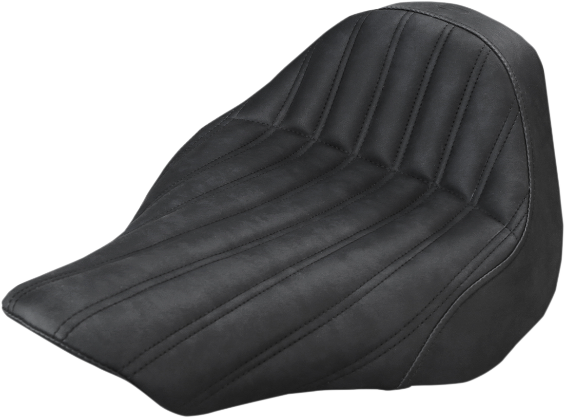 Bill's Exhausts SADDLEMEN Knuckle Solo Seat for FXSB motorcycle, featuring sleek black leather and streamlined design.