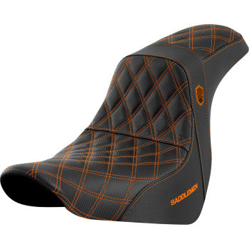 SADDLEMEN Pro Series SDC performance motorcycle seat with orange stitching for FL/FX 2018-2020, without backrest, by Bill's Exhausts.