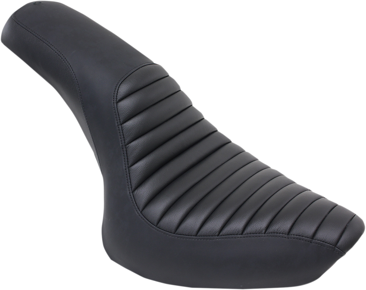 SADDLEMEN Profiler Seat Tuck and Roll for Softail motorcycle with stitched leather design, shown on a motorcycle seat.