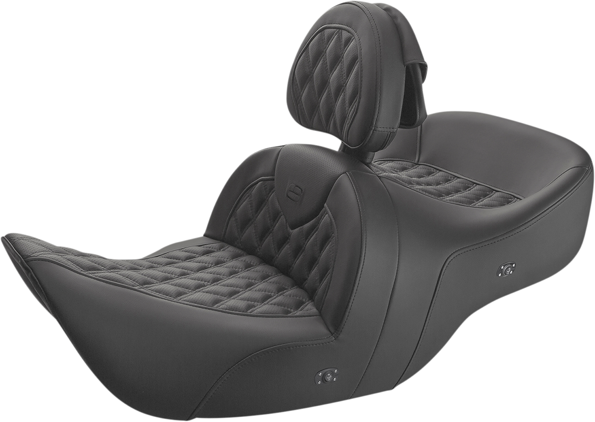 Black SADDLEMEN Roadsofa seat with backrest, lattice stitching, heated feature, designed for motorcycle comfort and style.