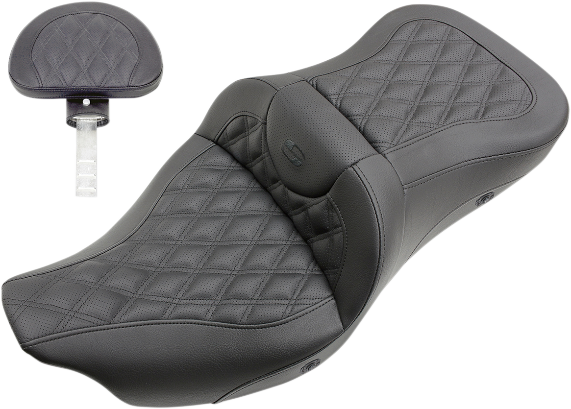 Bill's Exhausts SADDLEMEN Roadsofa seat with backrest, full lattice stitch, heated for Harley FLH/FLT models 2008-2023.