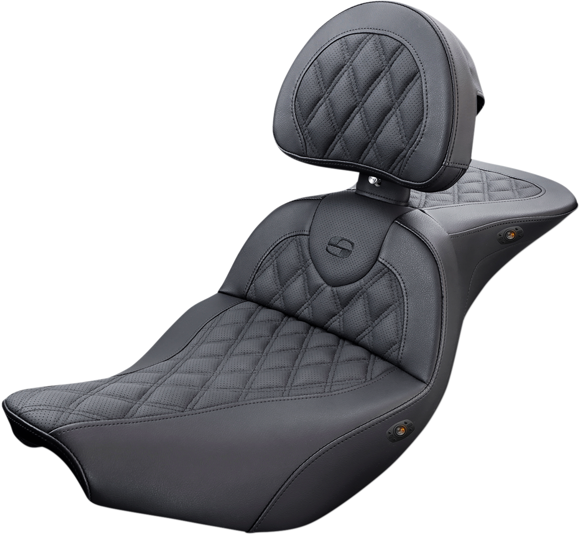 Black SADDLEMEN Roadsofa motorcycle seat with backrest, full lattice stitch, heated feature, designed for comfort and style.