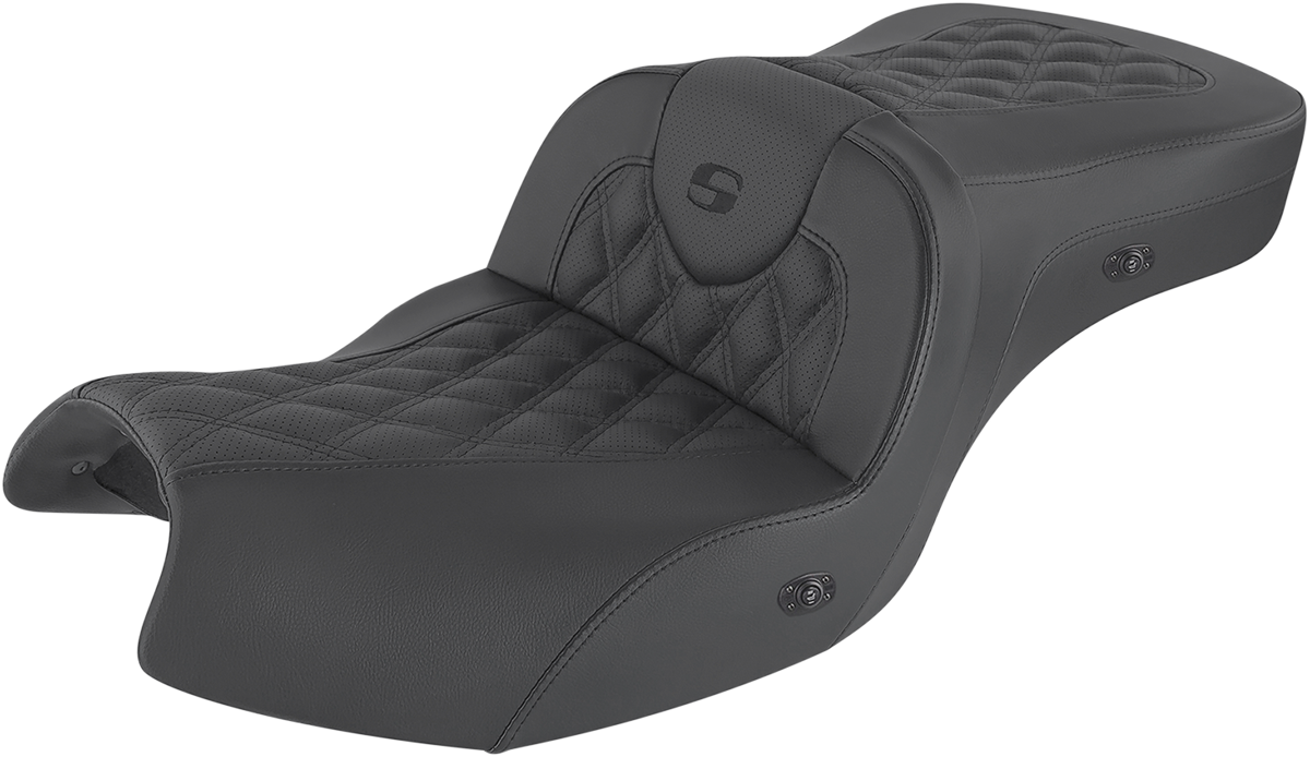 Bill's Exhausts SADDLEMEN Roadsofa seat without backrest, black full lattice stitch, heated motorcycle seat for comfort and style.