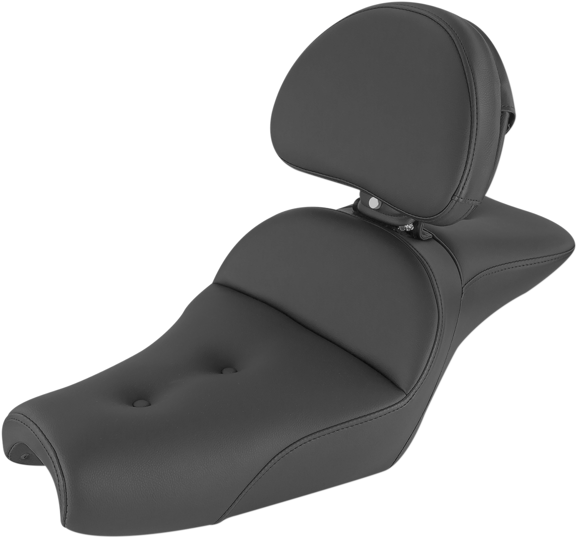 Black SADDLEMEN Explorer seat with backrest and pillow top, designed for motorcycle comfort and style.
