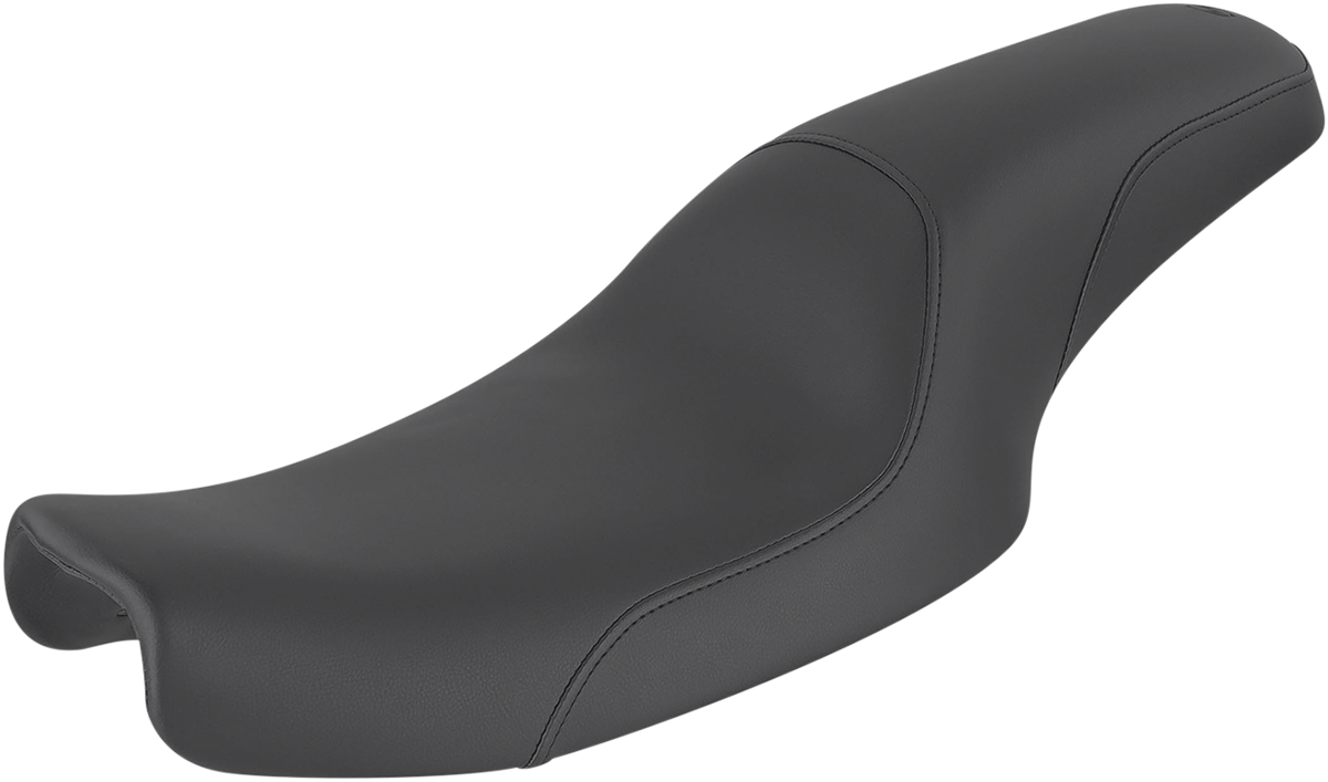 Black SADDLEMEN Profiler motorcycle seat with smooth finish, designed for Dyna models, showcasing sleek, contoured seat surface.