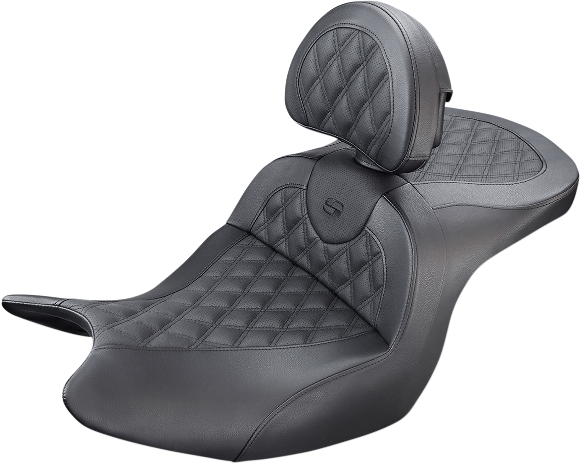 Black SADDLEMEN Roadsofa seat with backrest, full lattice stitch design, for motorcycles, featuring comfortable cushioning.