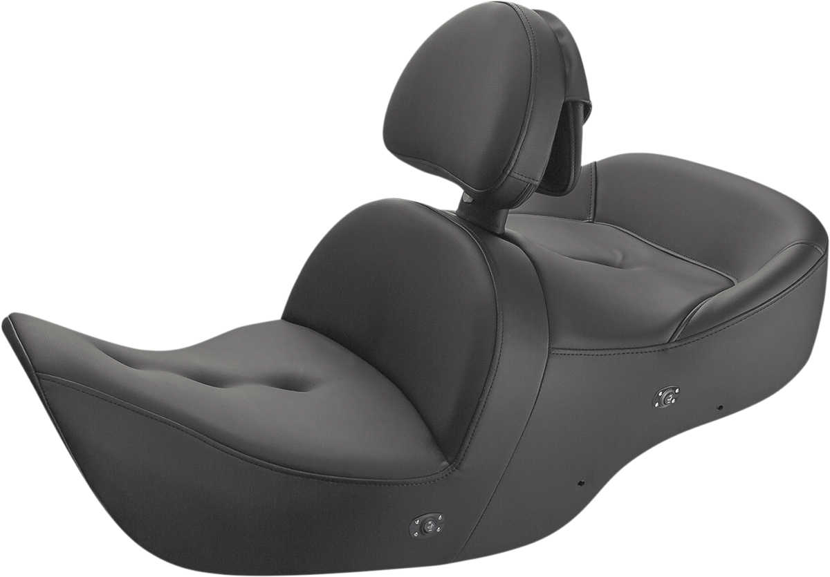 Black Saddlemen Roadsofa seat with backrest and pillow top, designed for comfort and heated features, compatible with motorcycle.