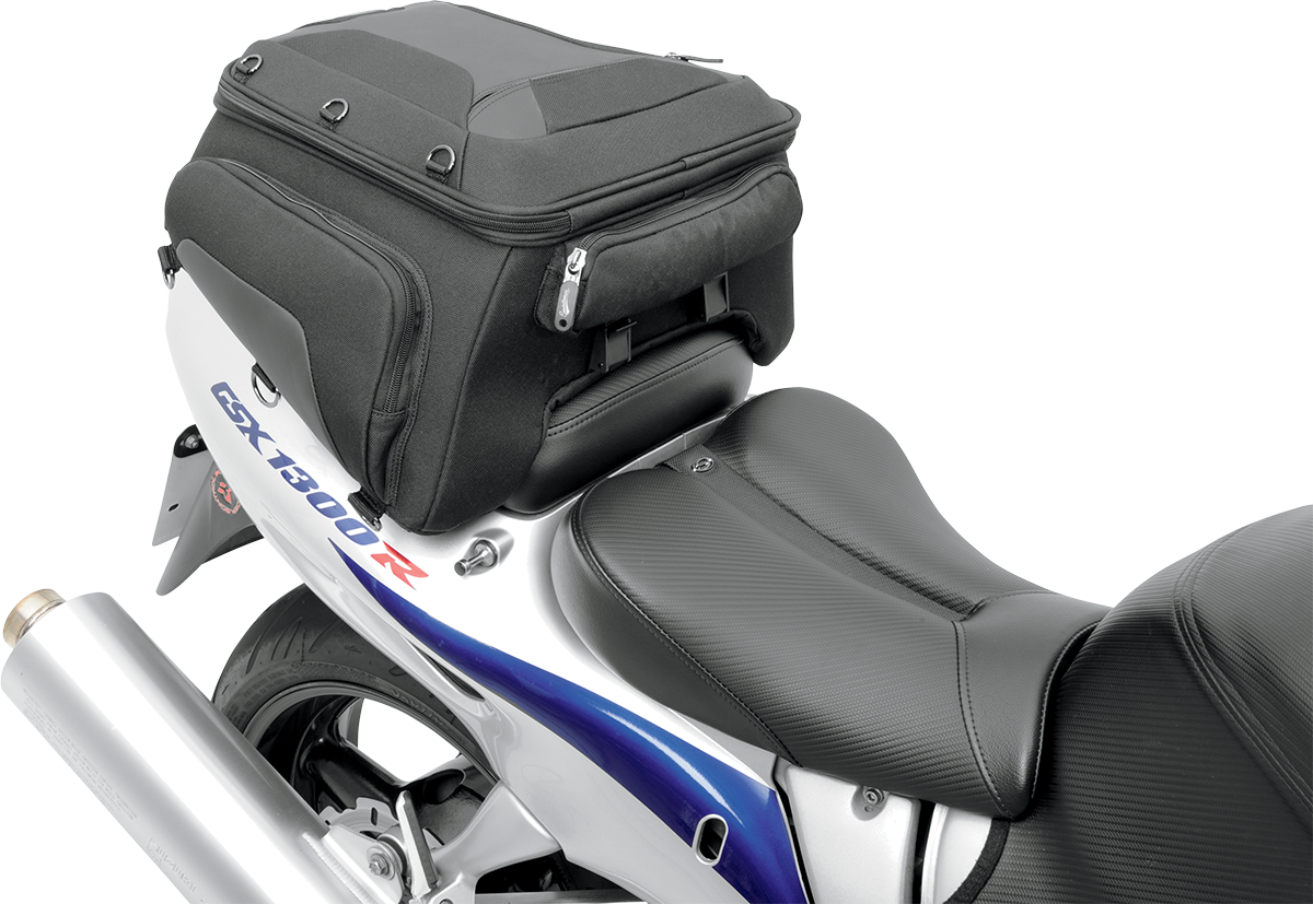 Saddlemens Sport Tunnel Bag wide seat for motorcycle, designed for comfort and storage, shown on a bike seat.