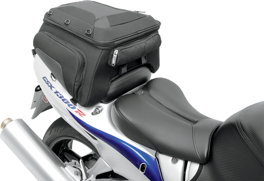 Saddlemens Sport Tunnel Bag wide seat for motorcycle, designed for comfort and storage, shown on a bike seat.
