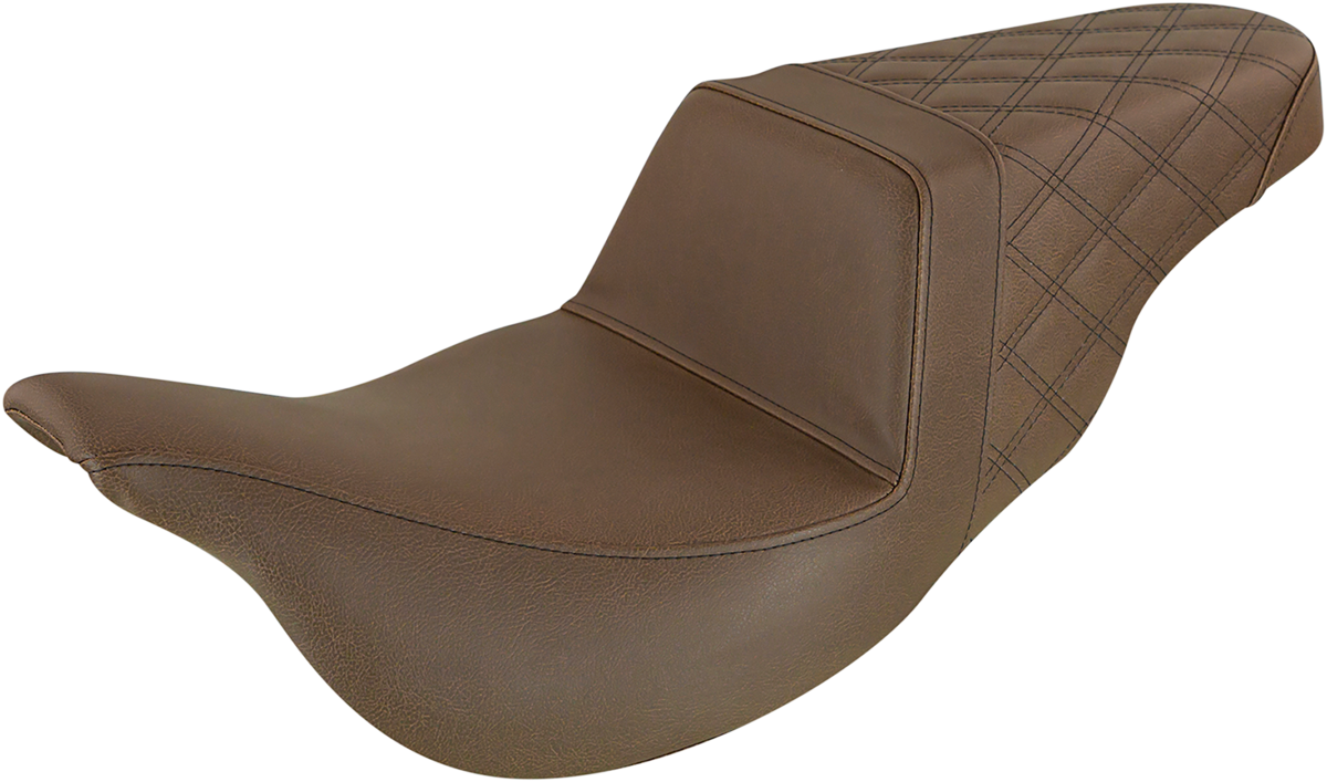 Brown SADDLEMEN Step-Up Seat with extended reach and rear lattice stitch for 2008-2023 Harley FL models, by Bill's Exhausts.