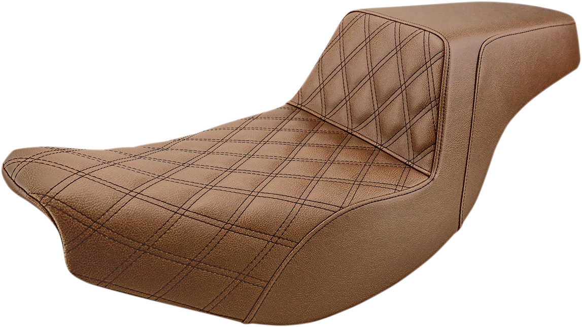 Brown SADDLEMEN Step Up Seat for Indian motorcycle, front lattice and rear smooth design, by Bill's Exhausts.
