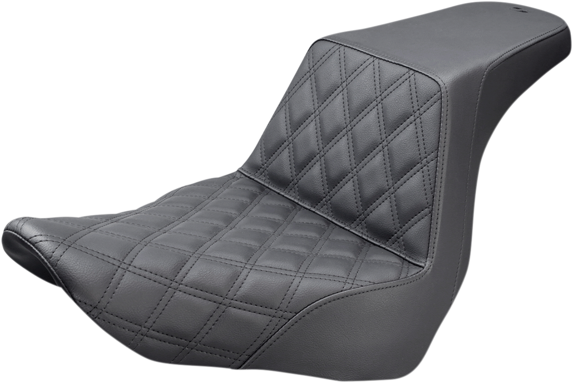 Black SADDLEMEN Step-Up Seat with front lattice stitch for motorcycles, designed by Bill's Exhausts.