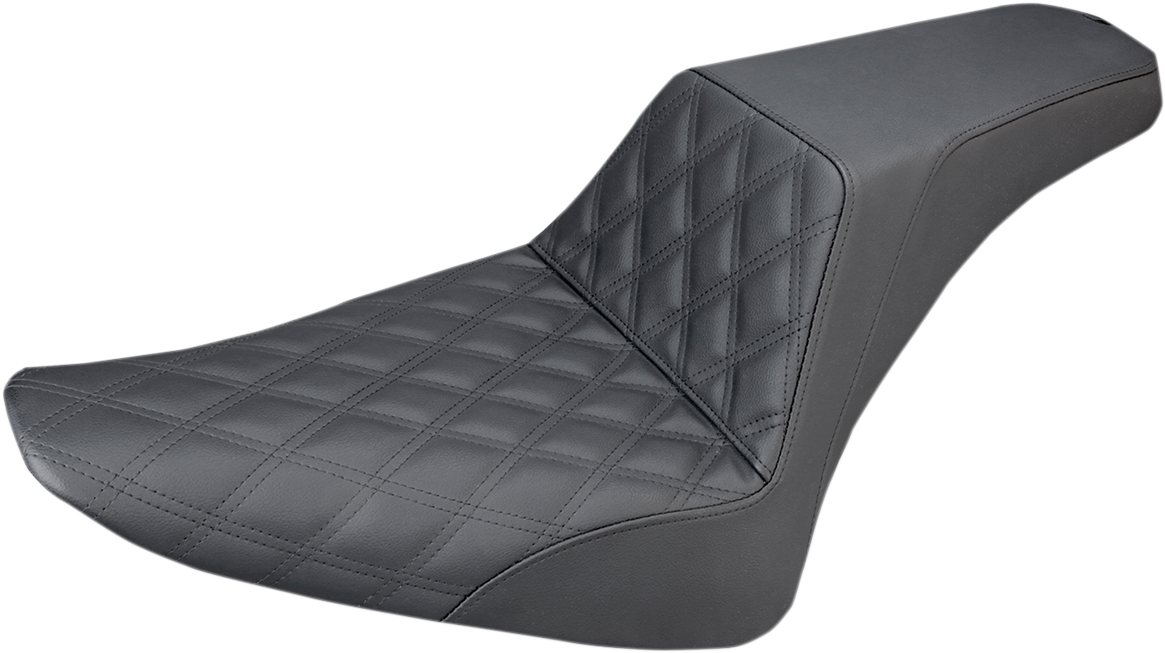 Black SADDLEMEN Step-Up Seat with front lattice stitch for motorcycles, featuring a sleek design and durable construction.