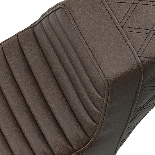 Brown Saddlemen Step-Up Seat with front tuck-n-roll and rear lattice stitch for motorcycle, designed for comfort and style.
