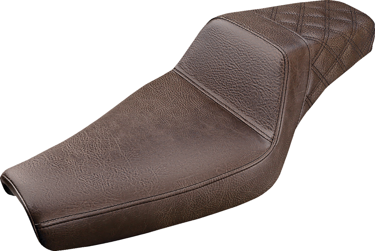 Brown SADDLEMEN Step-Up Seat with rear lattice stitch for XL bikes, showcasing premium motorcycle seat design.