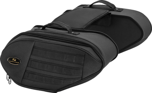 Black SADDLEMEN Tactical Saddlebag seat by Bill's Exhausts, designed for motorcycles with secure storage.