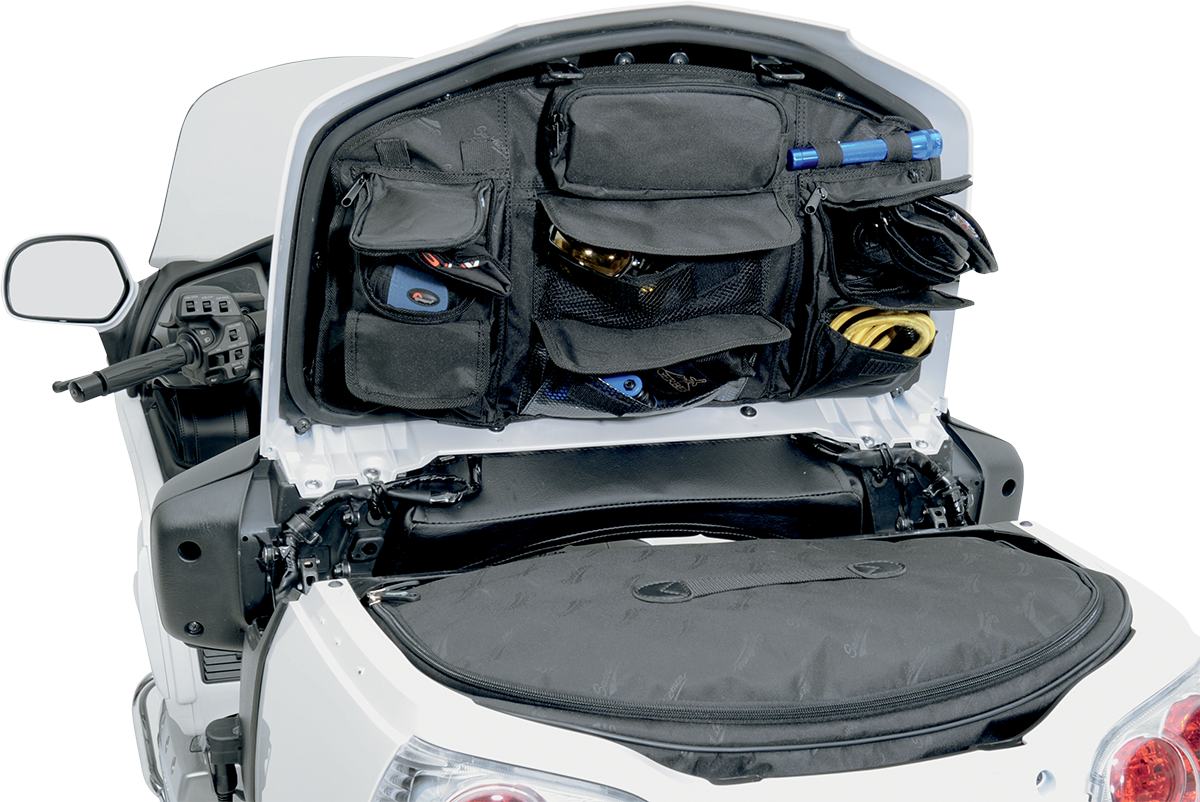 Saddlemens trunk lid organizer for seats, designed for efficient storage in vehicle trunk, with multiple compartments for organization.