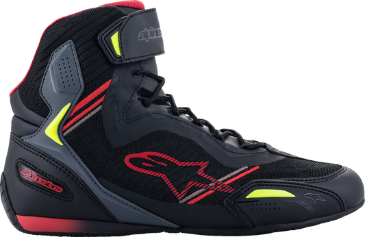 Alpinestars Faster-3 Rideknit® Shoes in black, red, and yellow with a sleek design, US size 10, lightweight riding shoes.