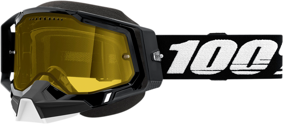 Bill's Exhausts 100% Racecraft 2 Snow Goggles in black with yellow lenses, designed for winter sports and snowboarding.