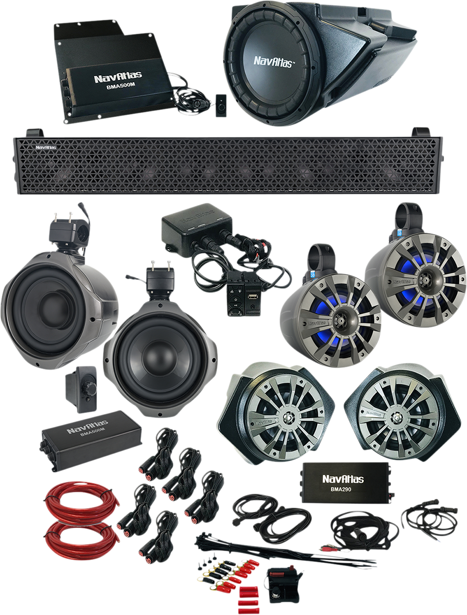 Bill's Exhausts NAVATLAS Audio Kit Zone 6 speakers installed in a RZR RZR2, showcasing the rugged off-road speaker system.