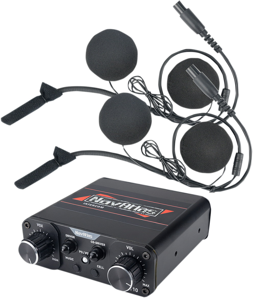 Bill's Exhausts NAVATLAS Intercom System in-helmet headset speakers for motorcycle helmets, model NIH110PK, with ear and microphone components